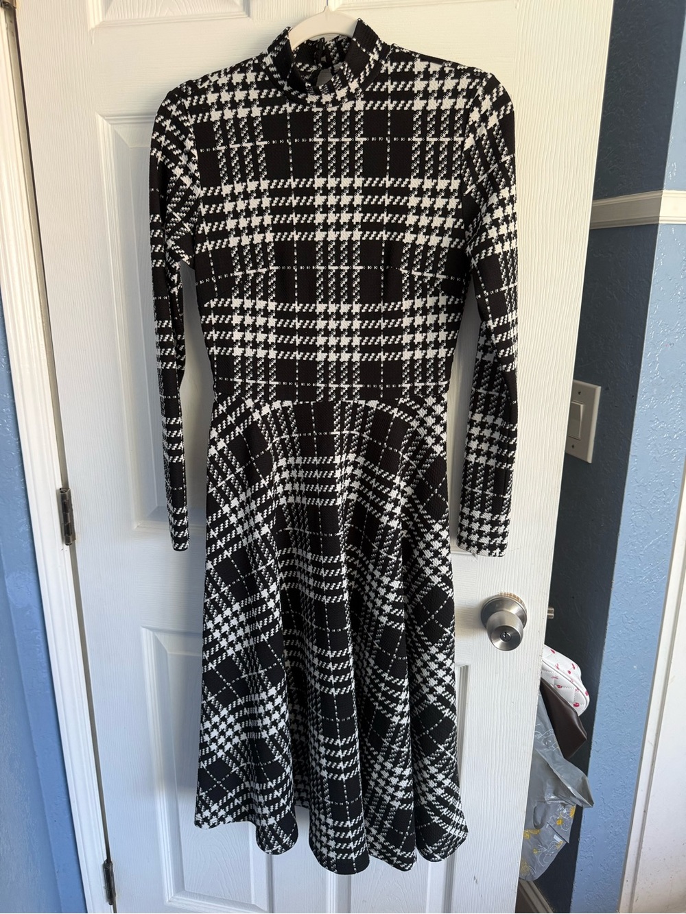 Amazon Black and White Plaid Long Sleeve Fit & Flare Dress